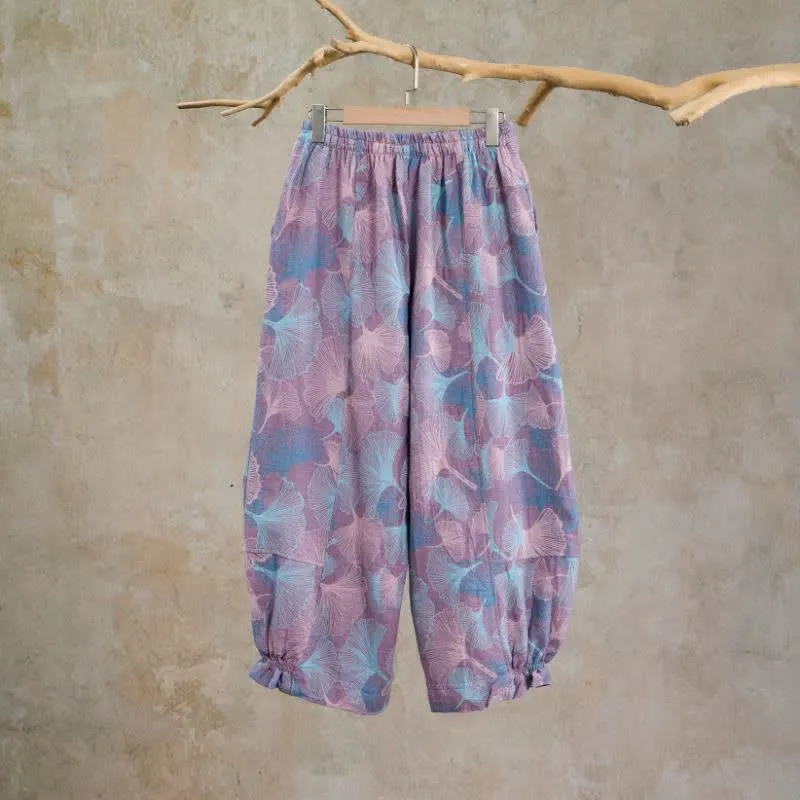Vintage-Loungewear-Hose aus Baumwolle mit Ginkgoblatt-Motiv