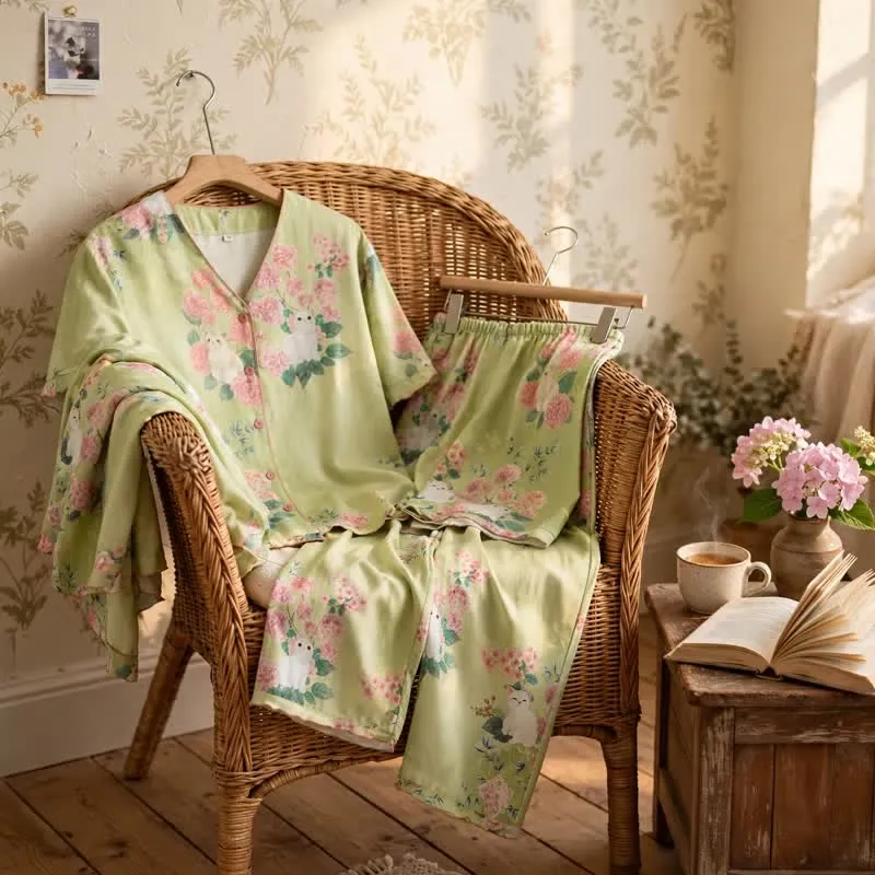 3-teiliges Loungewear-Set aus Baumwolle mit Katzenmotiv und Minzblumenmuster