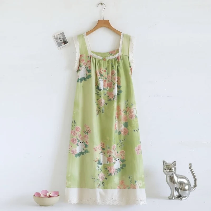 Ärmelloses Nachthemd mit Katzen- und Blumenmuster