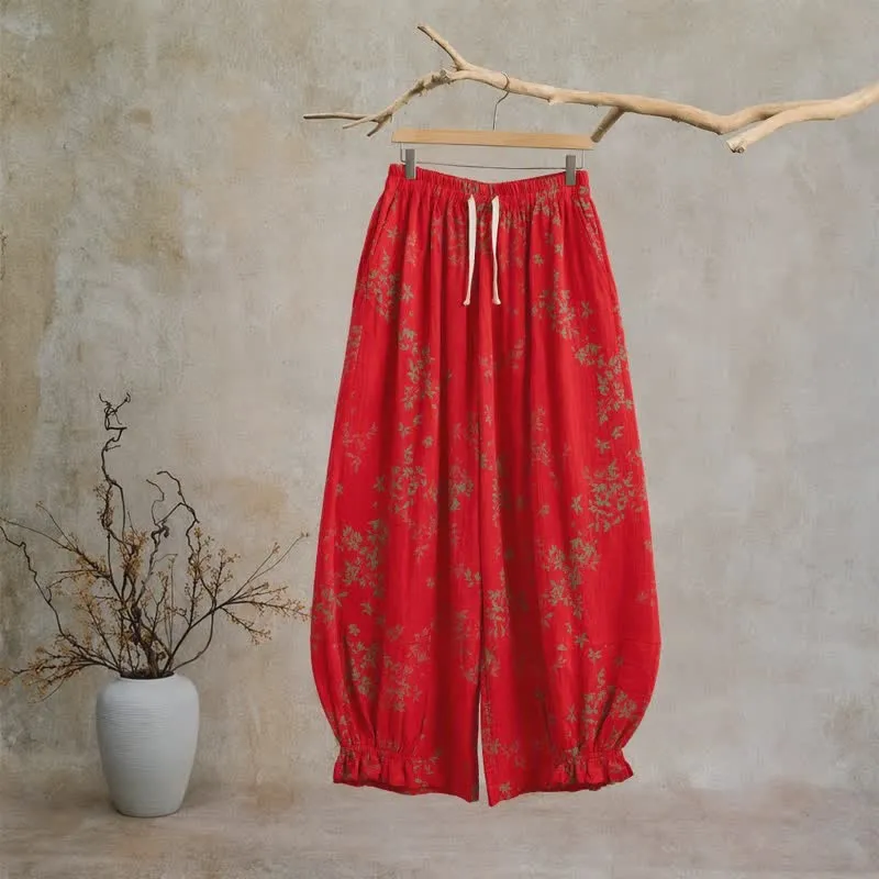 Rote Loungewear-Hose aus Baumwolle mit Blumenmuster