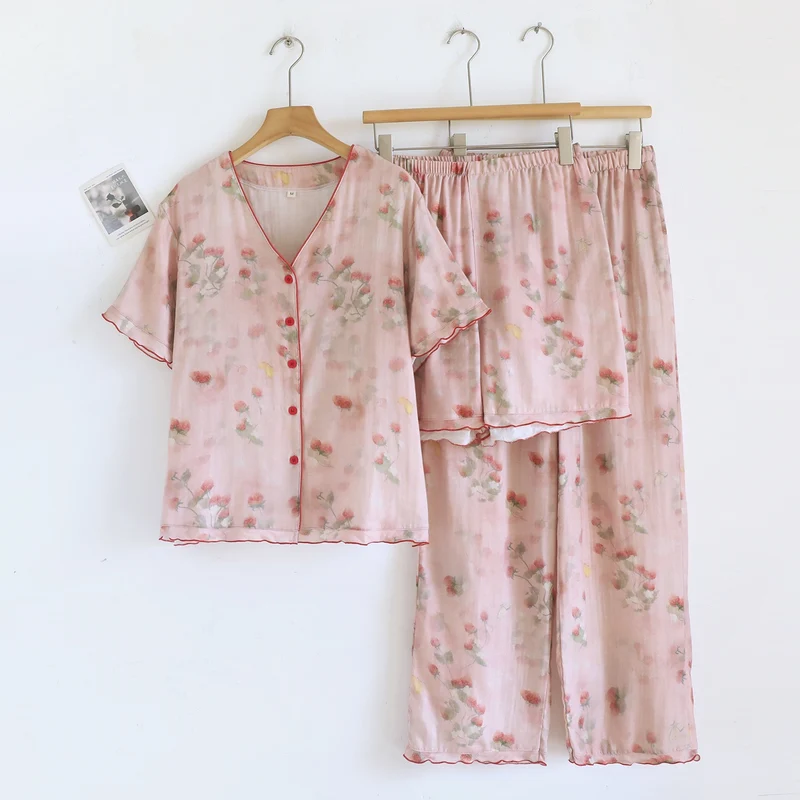 Loungewear-Set aus Gaze mit süßem Beerenmuster (3-teilig)