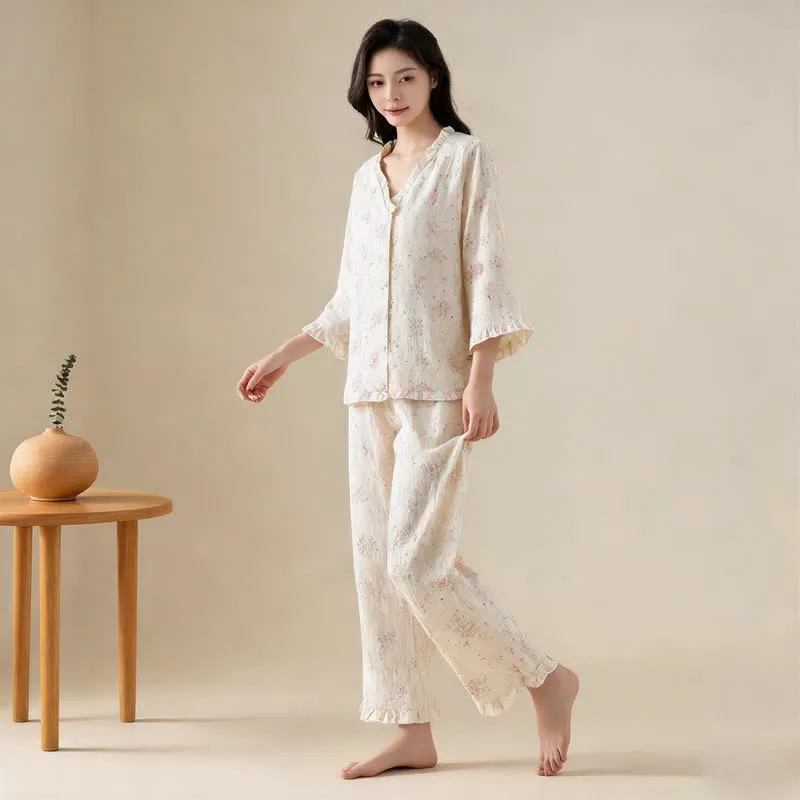 Refresh Loungewear-Set aus Baumwollgaze mit Rüschen und floralem Muster