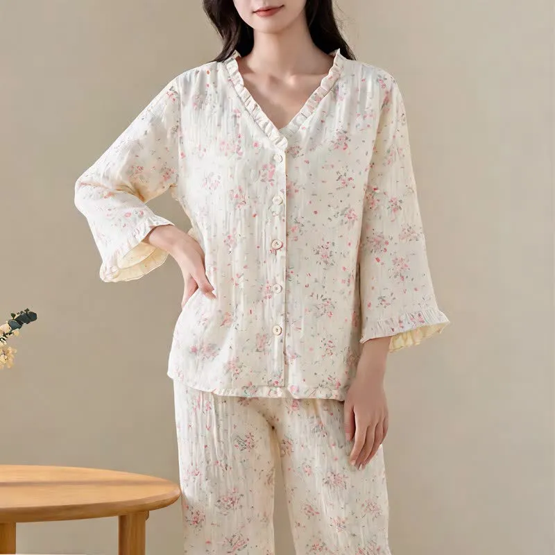 Refresh Loungewear-Set aus Baumwollgaze mit Rüschen und floralem Muster