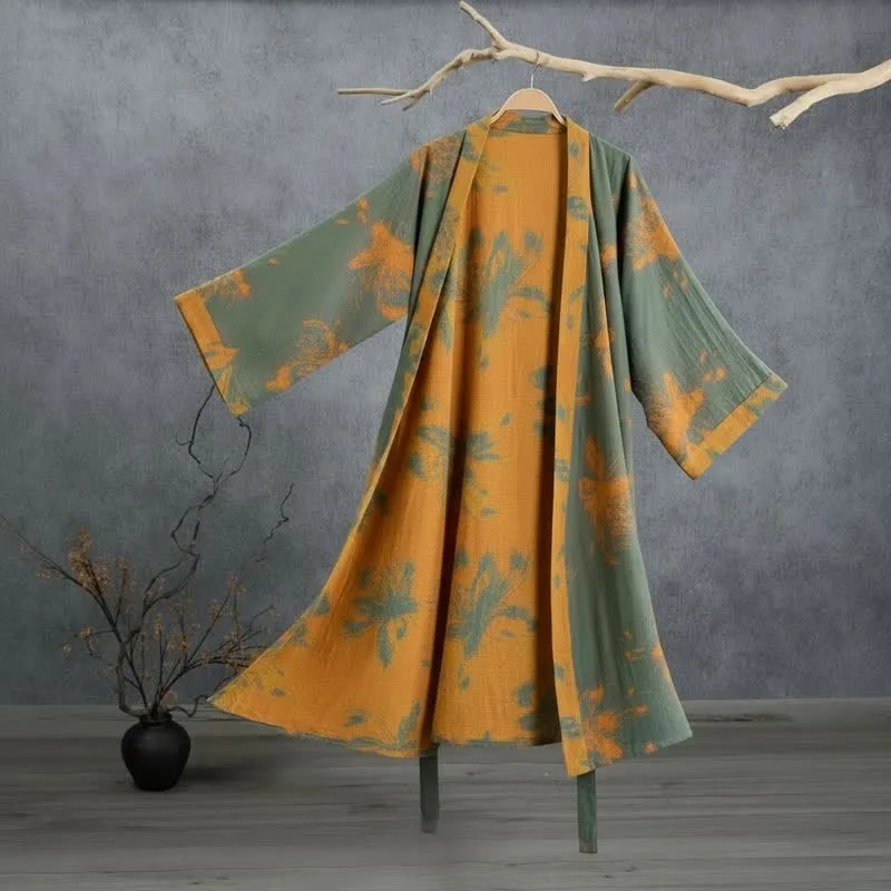 Wendbarer Kimono-Bademantel aus Baumwolle mit Vintage-Blumenmuster