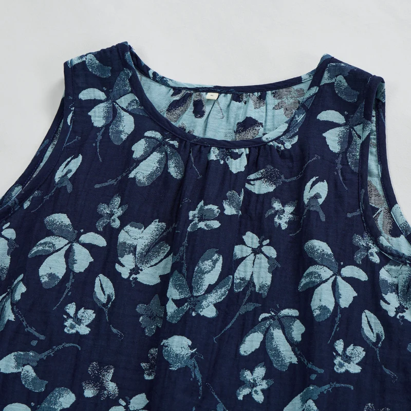 Retro-Loungewear-Set aus marineblauem Baumwoll-Tanktop mit Blumenmuster