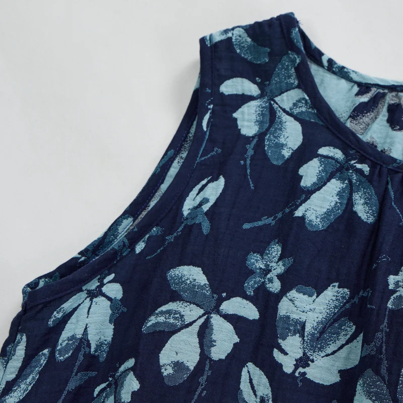 Retro-Loungewear-Set aus marineblauem Baumwoll-Tanktop mit Blumenmuster