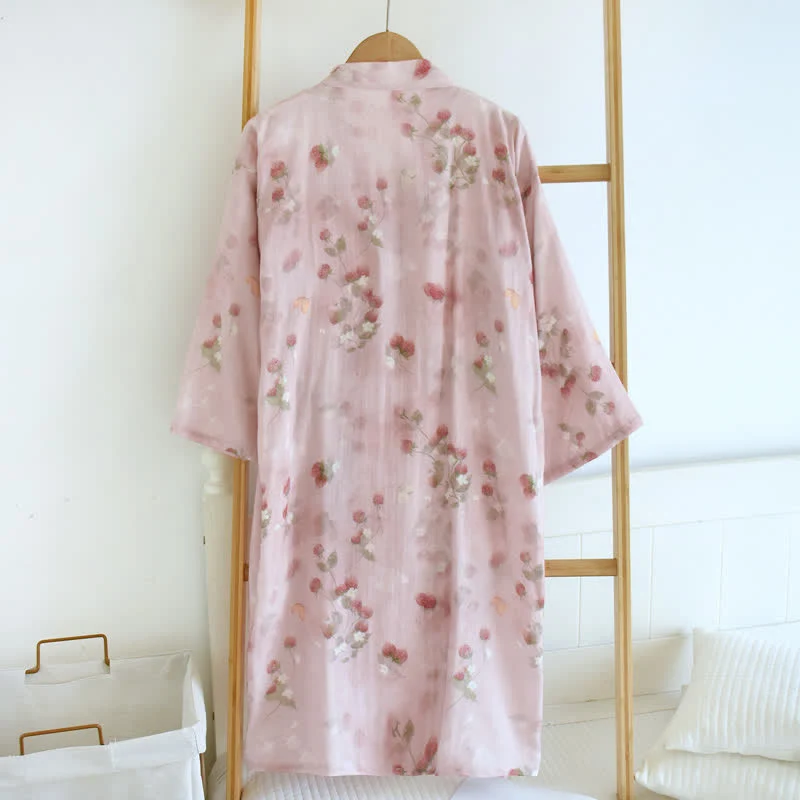 Kimono-Bademantel aus Baumwolle mit rosa Beeren- und Blumenmuster