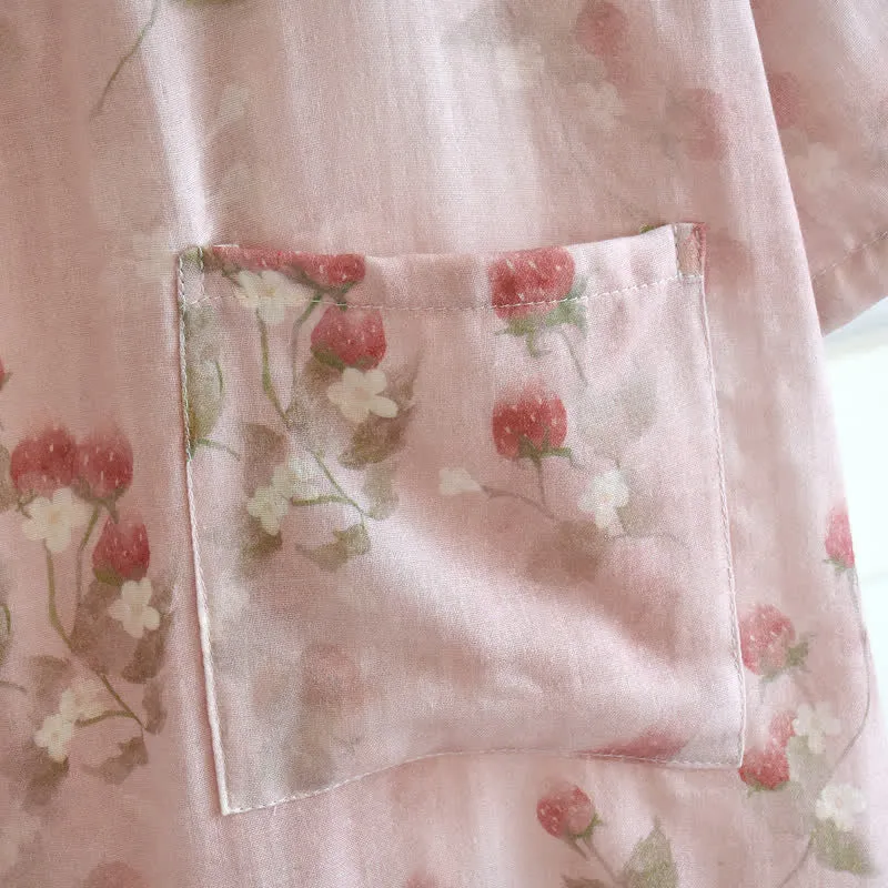 Kimono-Bademantel aus Baumwolle mit rosa Beeren- und Blumenmuster