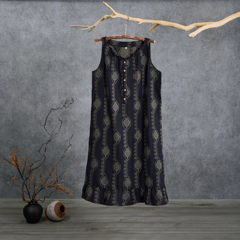 Vintage marineblaues geometrisches Baumwoll-Nachthemd