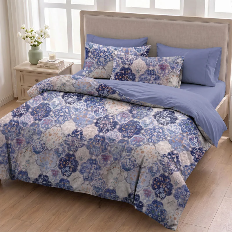 Bettwäsche-Set aus blauer Mosaik-Baumwollgaze mit Blumenmuster