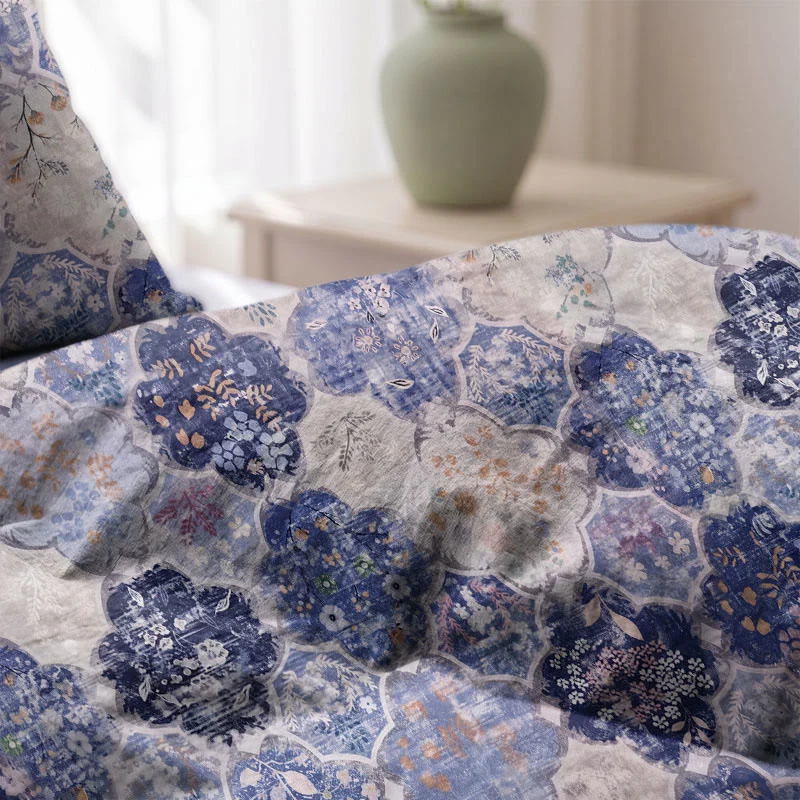 Bettwäsche-Set aus blauer Mosaik-Baumwollgaze mit Blumenmuster