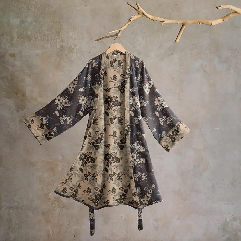 Kimono-Bademantel aus Baumwolle mit Mokka-Blumenmuster