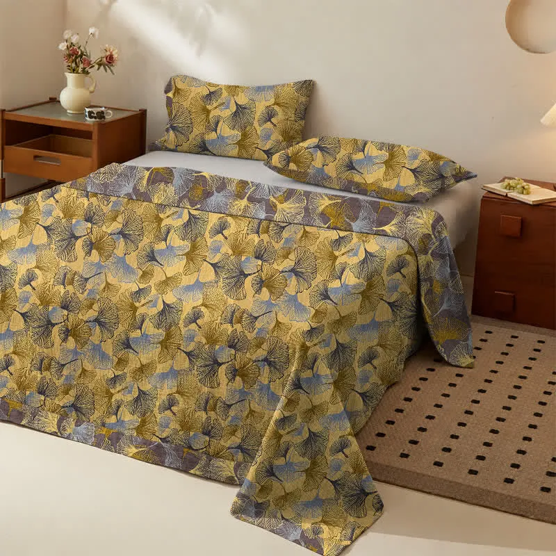 Bettwäsche-Set aus Baumwolle mit goldenem Ginkgoblatt