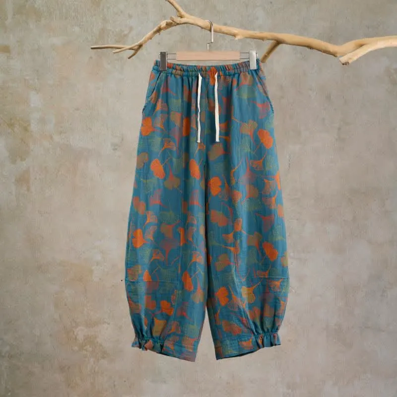 Mehrfarbige Loungehose aus Baumwolle mit Ginkgoblattmuster