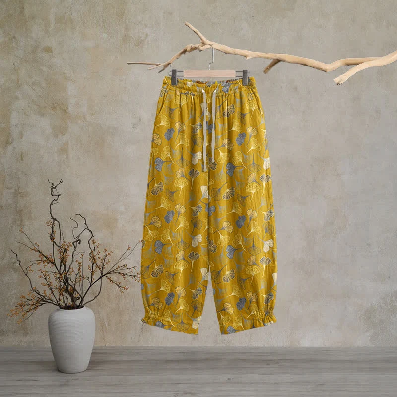 Mehrfarbige Loungehose aus Baumwolle mit Ginkgoblattmuster