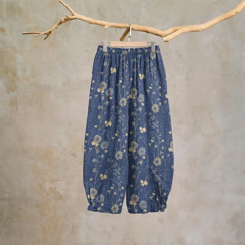 Marineblaue Loungehose aus Baumwollgewebe mit Wildblumenmuster