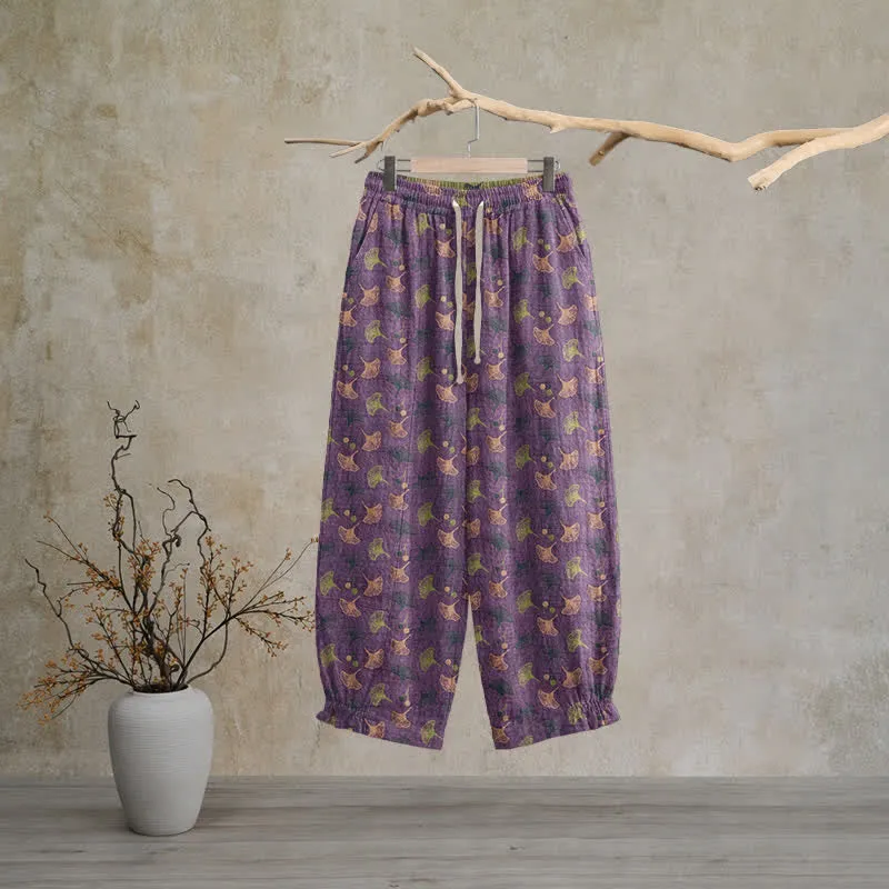 Lässige Loungehose aus Baumwolle im Retro-Stil mit Ginkgoblattmuster