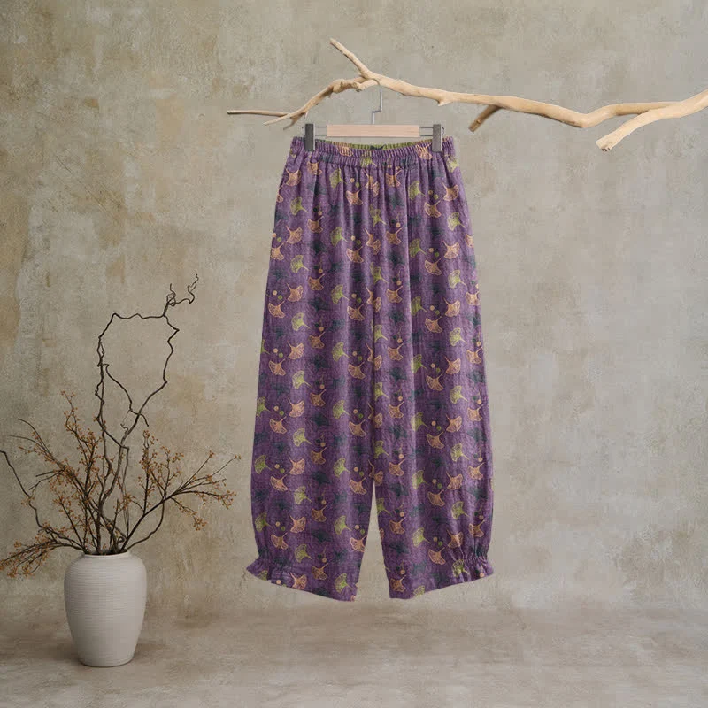 Lässige Loungehose aus Baumwolle im Retro-Stil mit Ginkgoblattmuster