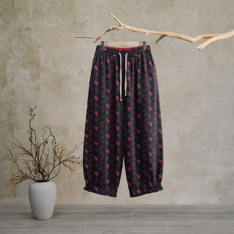 Lässige Loungehose aus Baumwolle im Retro-Stil mit Ginkgoblattmuster