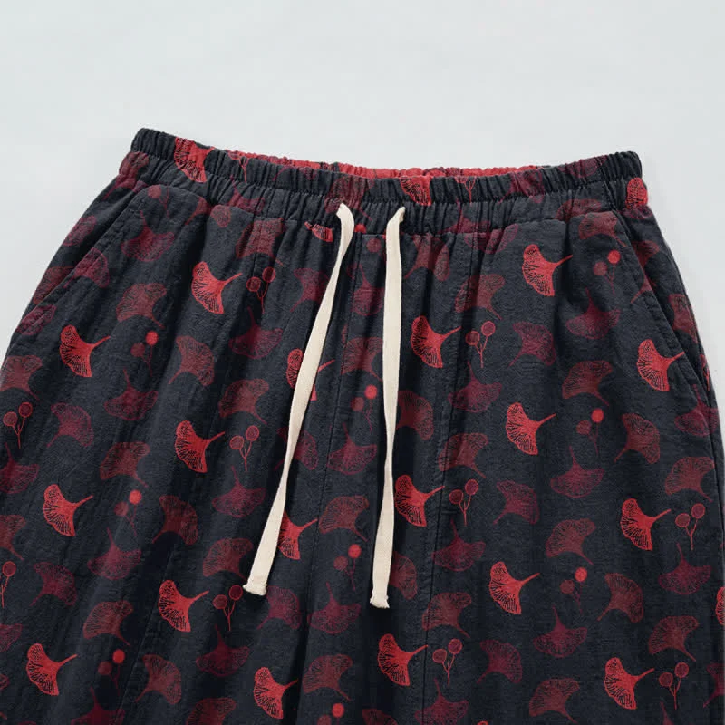 Lässige Loungehose aus Baumwolle im Retro-Stil mit Ginkgoblattmuster