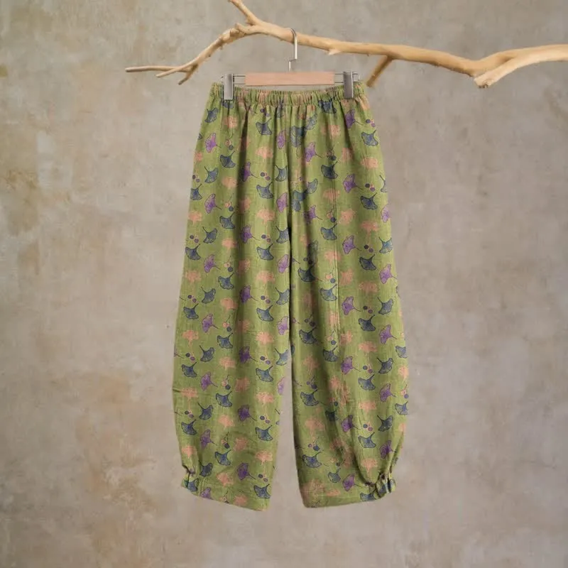 Lässige Loungehose aus Baumwolle im Retro-Stil mit Ginkgoblattmuster