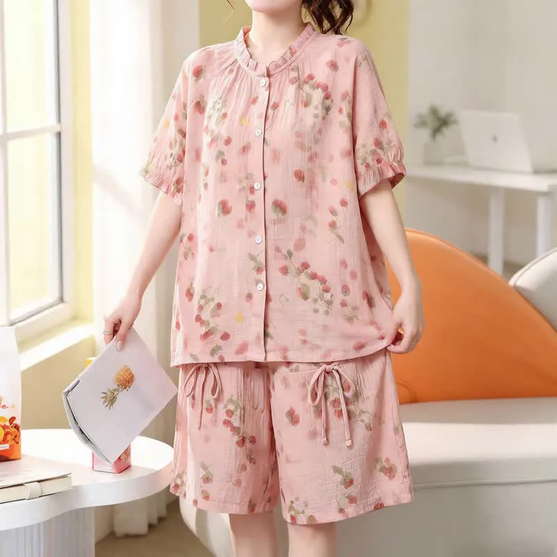 Kurzes Pyjama-Set aus Baumwollgaze mit Blumenmuster in Übergröße
