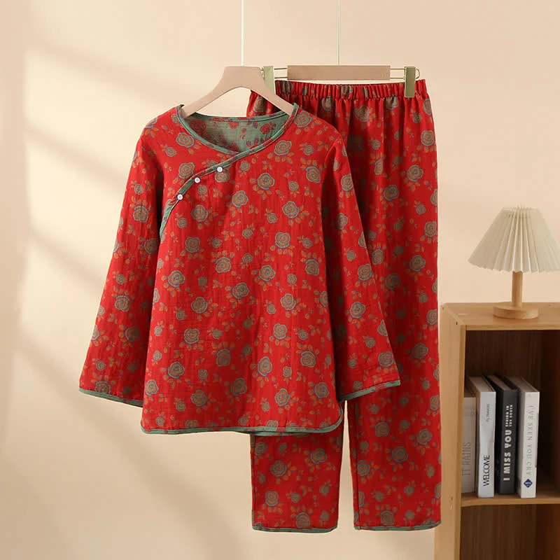 Orientalischer Baumwoll-Pyjama-Set mit seitlicher Knopfleiste und Blumenmuster