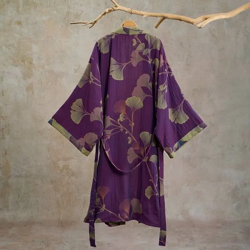 Retro-Kimono aus Baumwolle mit Ginkgoblatt