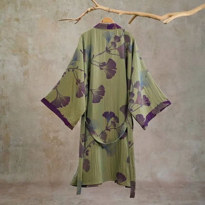 Retro-Kimono aus Baumwolle mit Ginkgoblatt