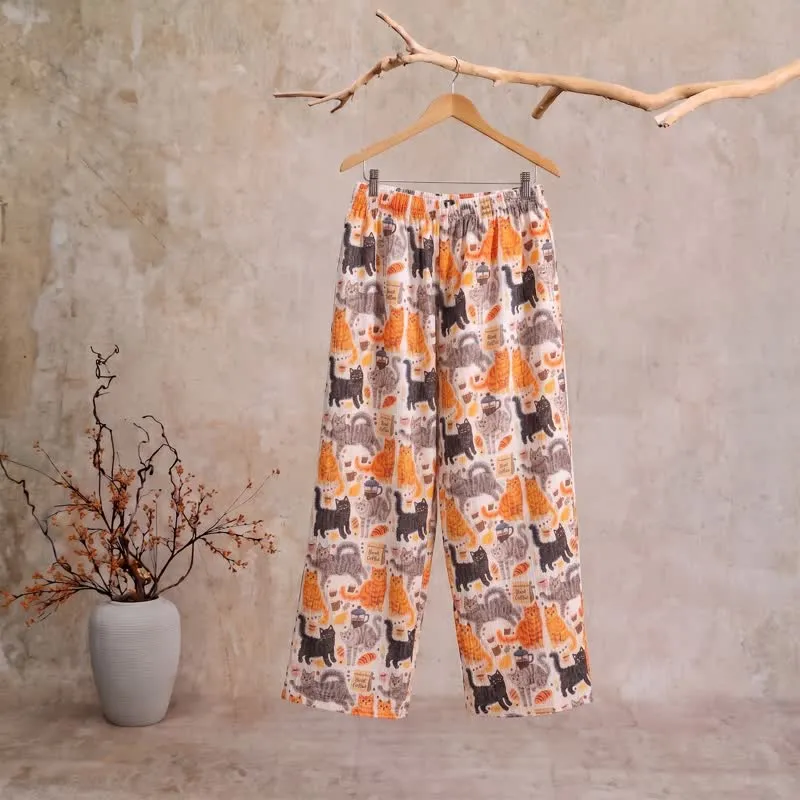 Loungewear-Hose aus Baumwolle mit orangefarbenem Cartoon-Katzenmuster