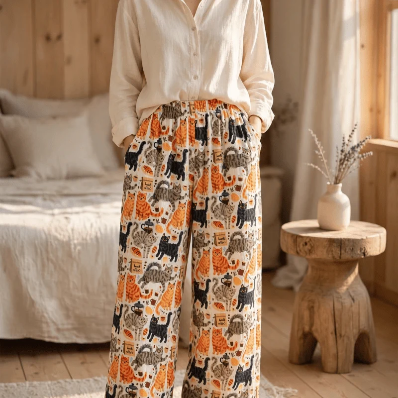 Loungewear-Hose aus Baumwolle mit orangefarbenem Cartoon-Katzenmuster