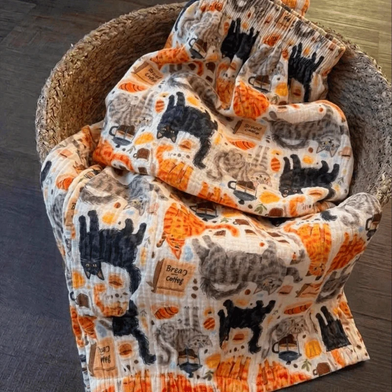 Loungewear-Hose aus Baumwolle mit orangefarbenem Cartoon-Katzenmuster