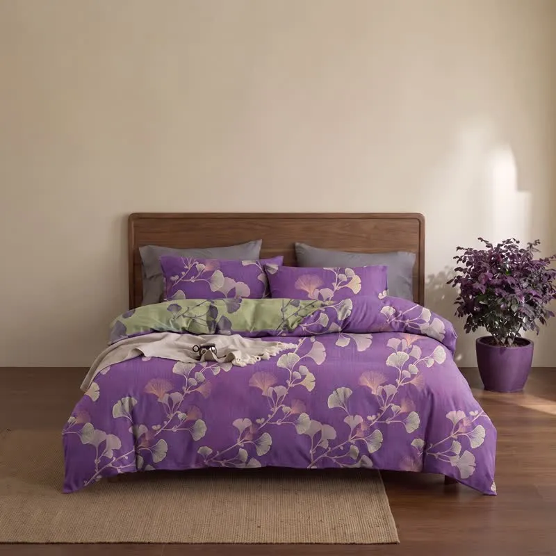 Retro-Wendebettwäsche-Set mit Ginkgoblatt-Motiv