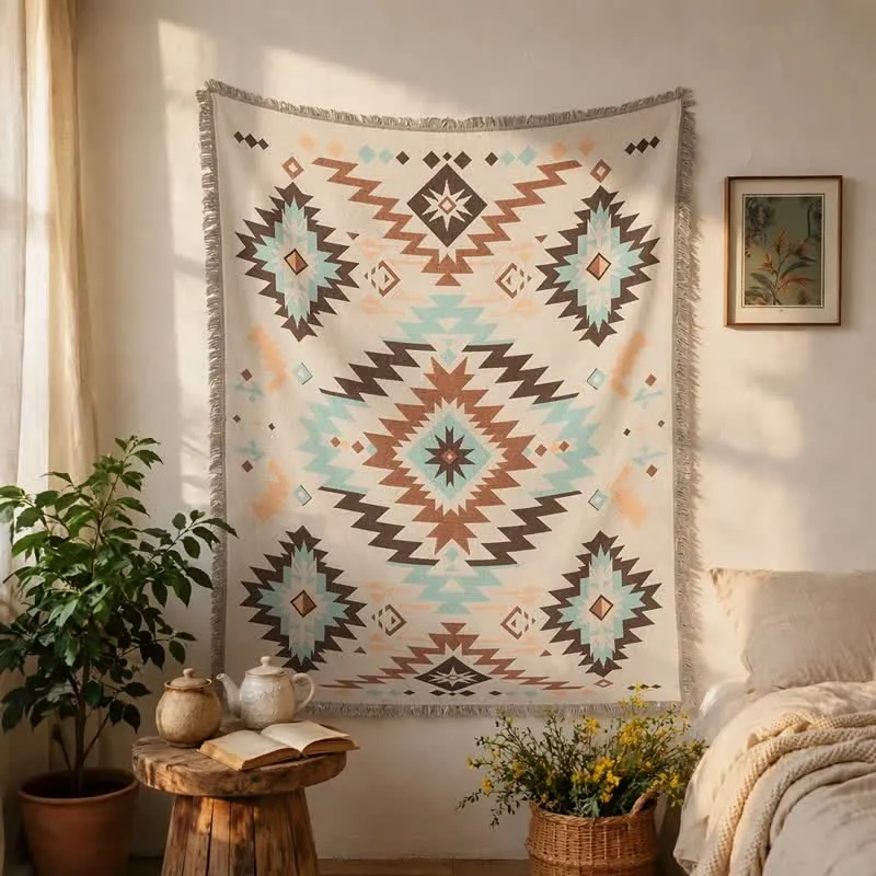 Dekorative Decke im böhmischen Südwest-Stil mit geometrischen Quasten und dekorativem Muster