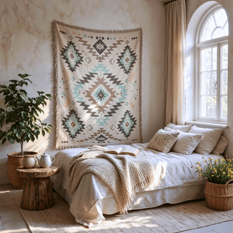 Dekorative Decke im böhmischen Südwest-Stil mit geometrischen Quasten und dekorativem Muster