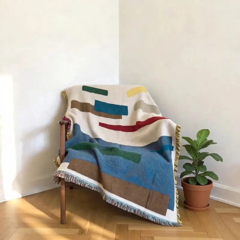 Künstlerisch gestaltete, geometrische, mit Fransen und Quasten verzierte Tagesdecke