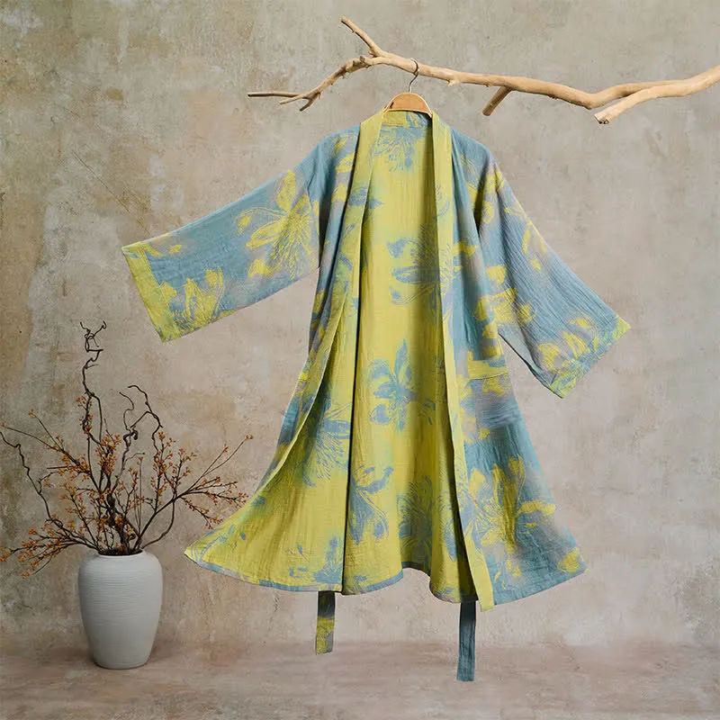 Kimono-Bademantel aus doppellagigem Baumwollgewebe mit Blumenmuster im Boho-Stil