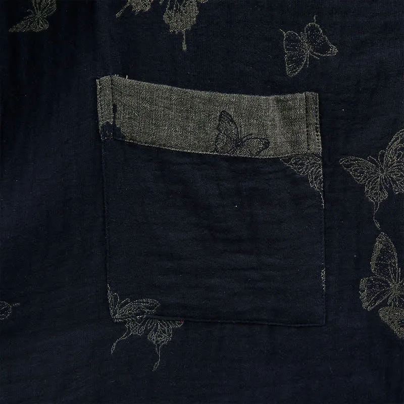 Marineblauer Kimono-Bademantel aus doppellagigem Baumwoll-Doppelgaze mit Schmetterlingsmotiv