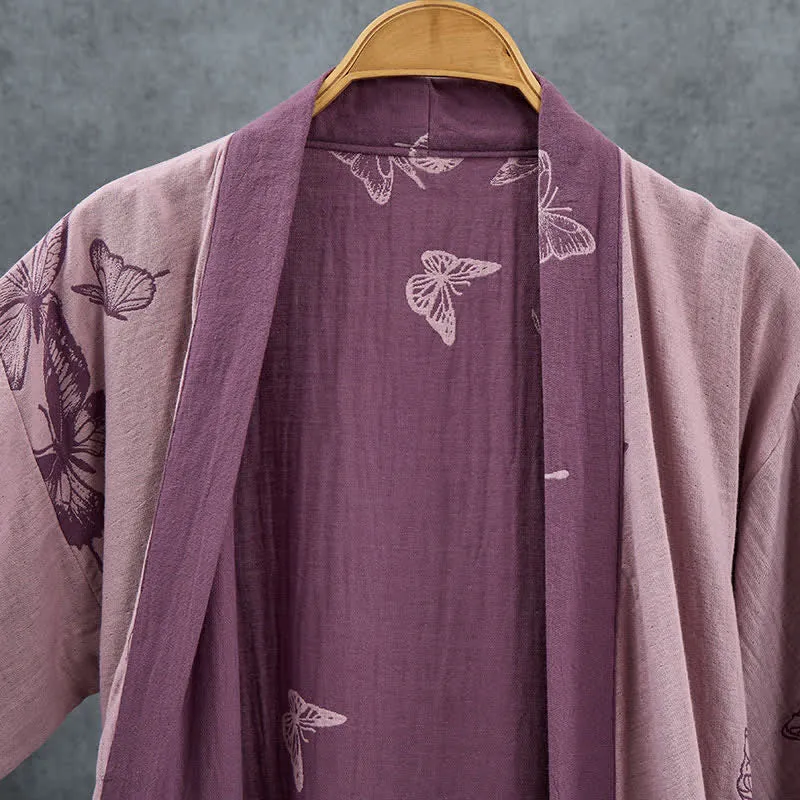 Kimono-Bademantel aus doppellagigem Baumwoll-Doppelgaze mit Schmetterlingsmotiv
