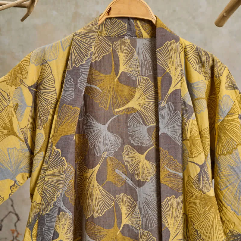 Vintage-Bademantel aus doppellagigem Baumwollgewebe mit Ginkgoblatt