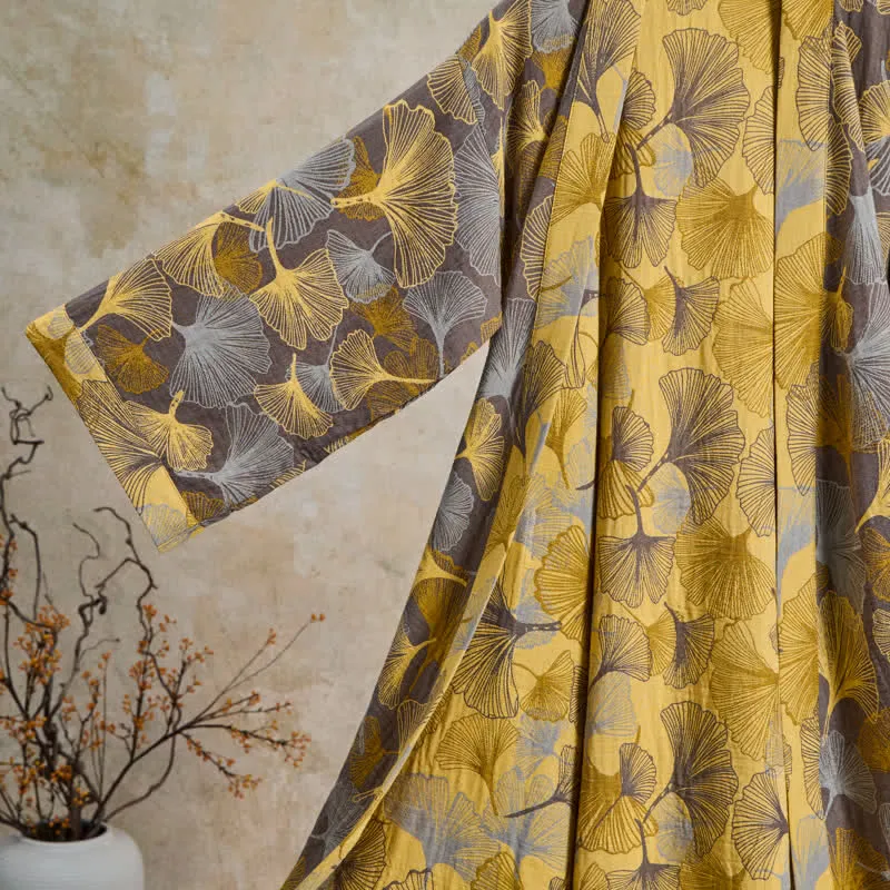 Vintage-Bademantel aus doppellagigem Baumwollgewebe mit Ginkgoblatt