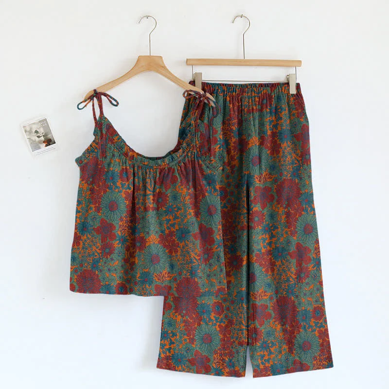 Vintage Loungewear-Set mit Blumenmuster und Bindebändern