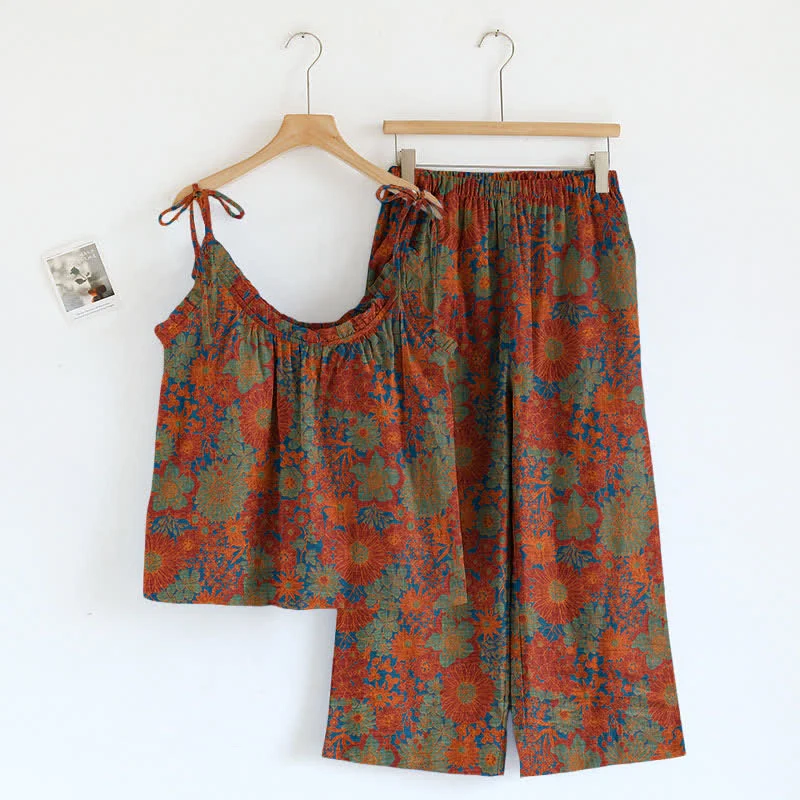 Vintage Loungewear-Set mit Blumenmuster und Bindebändern