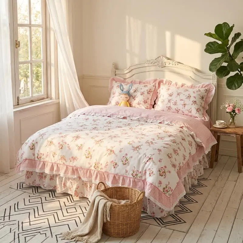 Vintage Bettwäsche-Set aus Baumwolle mit floralen Rüschen
