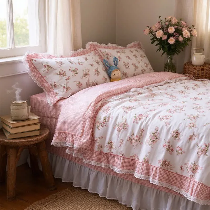 Vintage Bettwäsche-Set aus Baumwolle mit floralen Rüschen