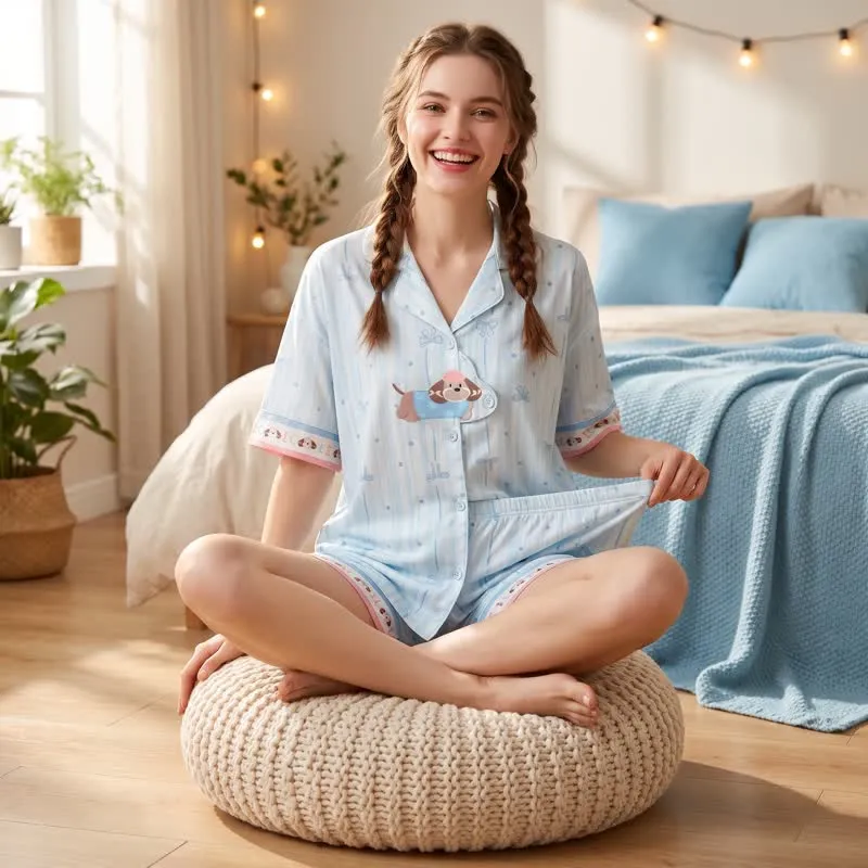 Pyjama-Set mit hellblauem Welpenmuster