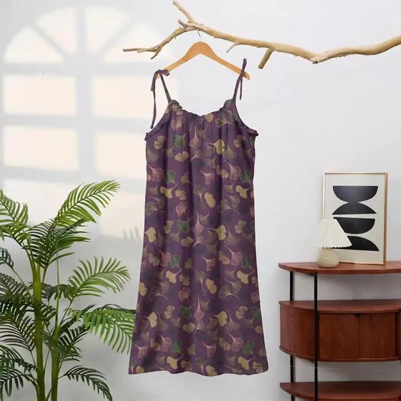 Ginkgo Leaf Tie Strap Lounge Midi Dress