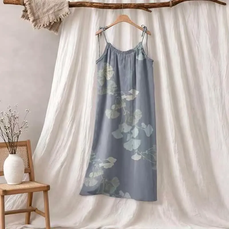 Ginkgo-Blatt-Baumwoll-Loungekleid mit Bindebändern