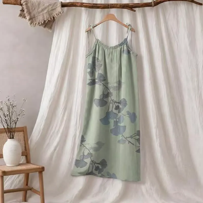 Ginkgo-Blatt-Baumwoll-Loungekleid mit Bindebändern