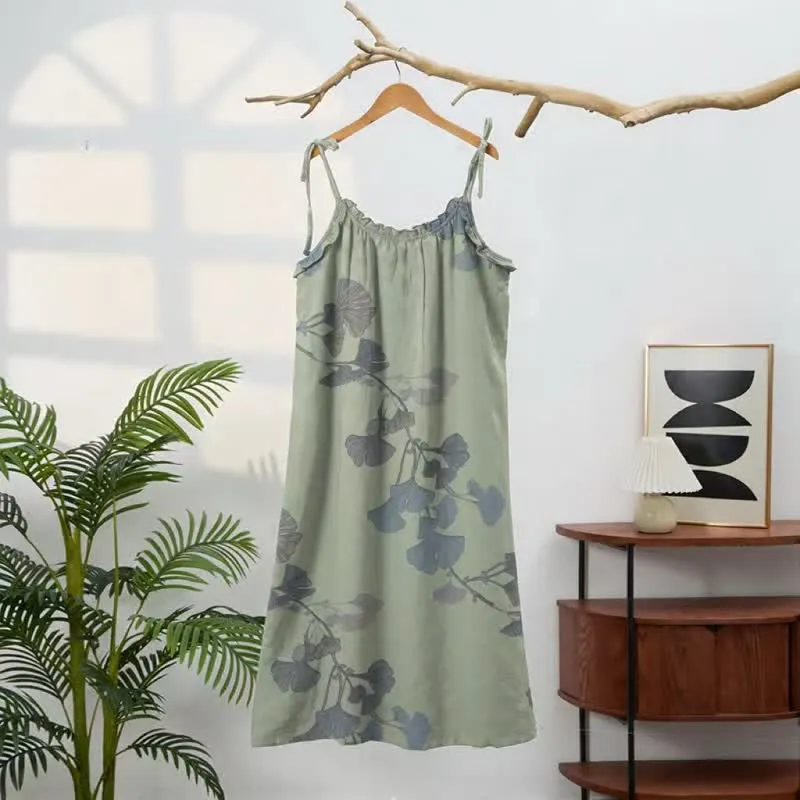 Ginkgo-Blatt-Baumwoll-Loungekleid mit Bindebändern